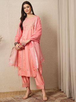 VredeVogel - Women Pink Viscose Rayon Embroidered Kurta with Pant and Dupatta