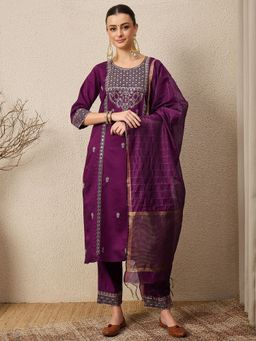 VredeVogel - Women Purple Viscose Rayon Embroidered Kurta with Pant and Dupatta