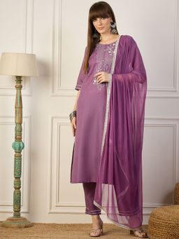 VredeVogel - Women Purple Cotton Blend Embroidered Kurta with Pant and Dupatta