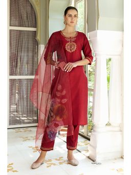 VredeVogel - Women Maroon Cotton Silk Embroidered Kurta with Pant and Dupatta