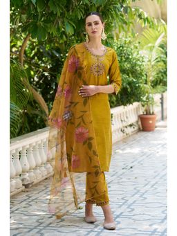VredeVogel - Women Yellow Cotton Silk Embroidered Kurta with Pant and Dupatta