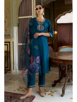 VredeVogel - Women Blue Cotton Silk Embroidered Kurta with Pant and Dupatta