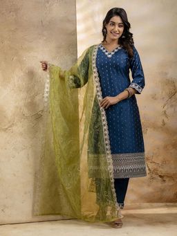 VredeVogel - Women Blue Silk Blend Embroidered Kurta with Pant and Dupatta