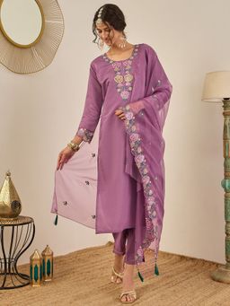 VredeVogel - Women Purple Silk Blend Embroidered Kurta with Pant and Dupatta