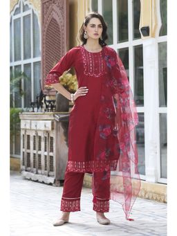 VredeVogel - Women Red Cotton Silk Embroidered Kurta with Pant and Dupatta
