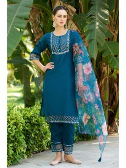 VredeVogel - Women Blue Cotton Silk Embroidered Kurta with Pant and Dupatta
