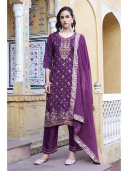 VredeVogel - Women Purple Silk Blend Embroidered Kurta with Pant and Dupatta