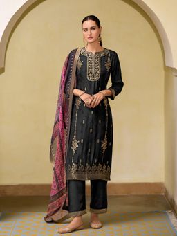 VredeVogel - Women Black Silk Blend Embroidered Kurta with Pant and Dupatta