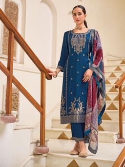 VredeVogel - Women Blue Silk Blend Embroidered Kurta with Pant and Dupatta