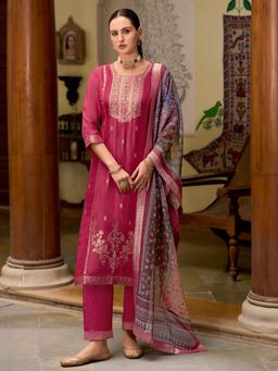 VredeVogel - Women Red Silk Blend Embroidered Kurta with Pant and Dupatta