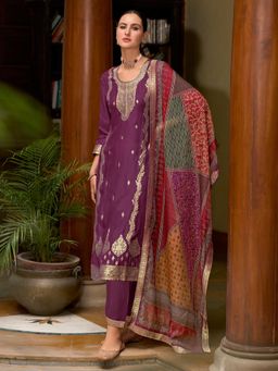 VredeVogel - Women Purple Silk Blend Embroidered Kurta with Pant and Dupatta