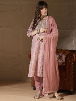 VredeVogel - Women Peach Cotton Blend Embroidered Kurta with Pant and Dupatta