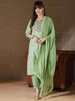 VredeVogel - Women Green Cotton Blend Embroidered Kurta with Pant and Dupatta