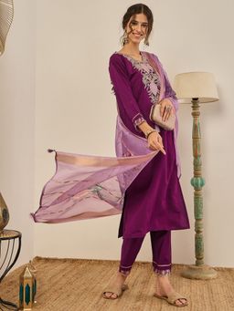 VredeVogel - Women Purple Viscose Rayon Embroidered Kurta with Pant and Dupatta