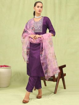 VredeVogel - Women Purple Silk Blend Embroidered Kurta with Pant and Dupatta