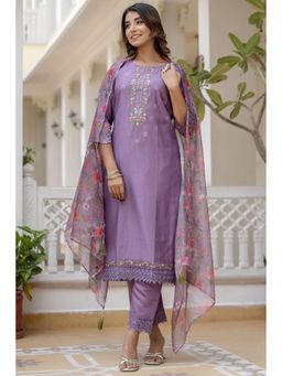 VredeVogel - Women Purple Silk Blend Embroidered Kurta with Pant and Dupatta