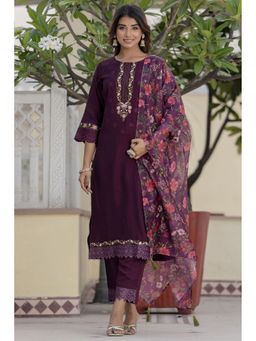 VredeVogel - Women Purple Silk Blend Embroidered Kurta with Pant and Dupatta