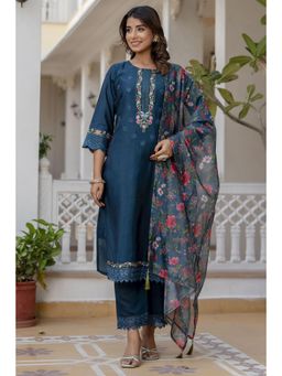 VredeVogel - Women Blue Silk Blend Embroidered Kurta with Pant and Dupatta