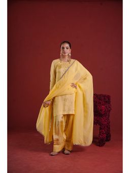 ONEWE INDIA - Yellow Silk Embroidered Kurta with Farsi Salwar and Dupatta