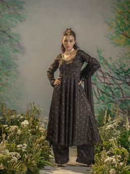 Meeshara - Black Embellished Anarkali Kurta With Palazzo and Dupatta