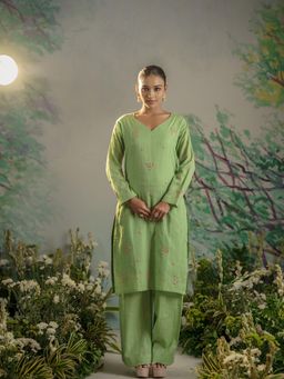 Meeshara - Green Embroidered Kurta With Palazzo