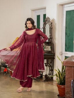 Meeshara - Wine Embellished Anarkali Kurta With Pant and Dupatta