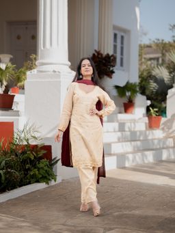 Meeshara - Cream Sequins Embroidered Kurta With Pant and Dupatta