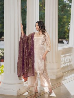 Meeshara - Beige Silk Embellished Kurta With Pant and Dupatta