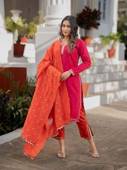 Meeshara - Pink Embroidered Kurta With Pant and Dupatta
