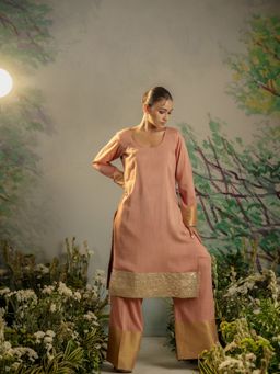 Meeshara - Peach Lace Work Kurta With Palazzo