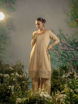 Meeshara - Beige Lace Work Kurta With Palazzo