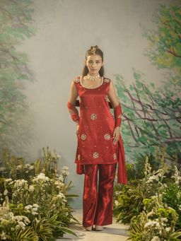 Meeshara - Red Embellished Kurta With Sharara and Dupatta