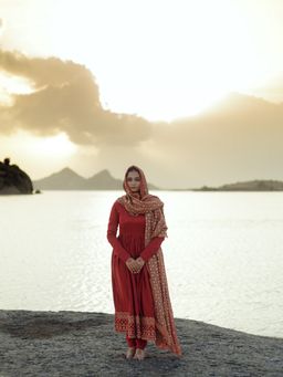 Meeshara - Red Embroidered Anarkali Kurta With Pant and Dupatta