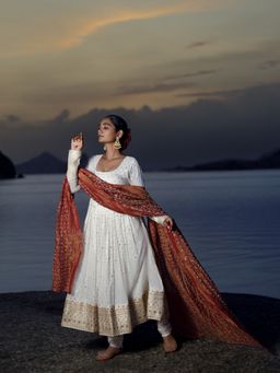 Meeshara - White Embroidered Anarkali Kurta With Pant and Dupatta