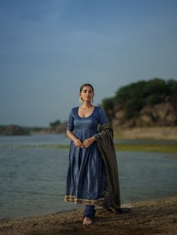 Meeshara - Blue Embroidered Anarkali Kurta With Pant and Dupatta