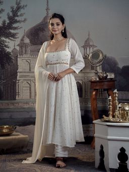 Meeshara - White Embroidered Anarkali Kurta With Palazzo and Dupatta