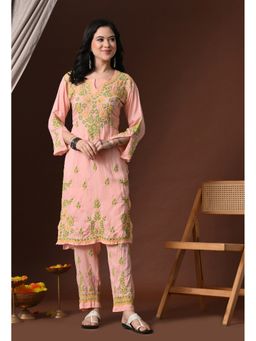 SYRISH - Women Peach Chikankari Embroidered Kurta With Pant