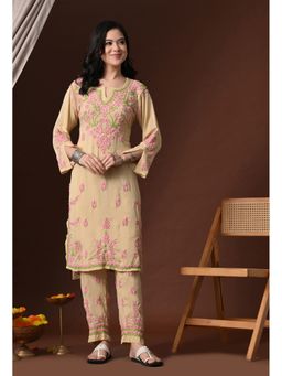 SYRISH - Women Beige Chikankari Embroidered Kurta With Pant