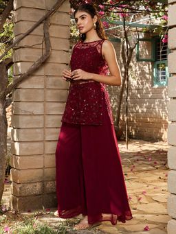 Qissa - Women Burgundy Red Sheer-Botanical Kurti with Top and Palazzo