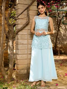 Qissa - Women Blue Embroidered Kurta With Palazzo