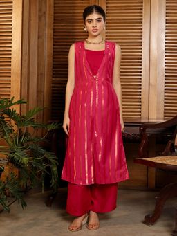 Qissa - Women Red Metallic-Stripe Kurta With Palazzo