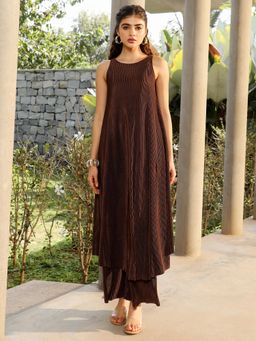 Qissa - Women Brown Solid Pleated-Halter Kurta With Palazzo