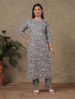 ARAMYA - Women Grey Pure Cotton Floral Printed Kurta With Pant