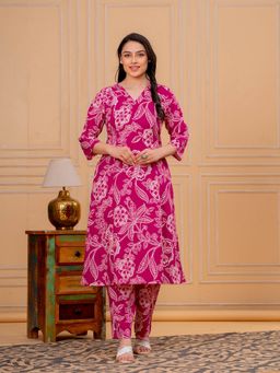 ARAMYA - Women Pink Pure Cotton Floral Printed Kurta With Pant