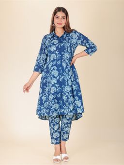 ARAMYA - Women Blue Cotton Floral Printed Kurta With Pant