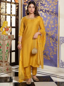 ARAMYA - Women Yellow Silk Blend Kurta With Pant and Dupatta