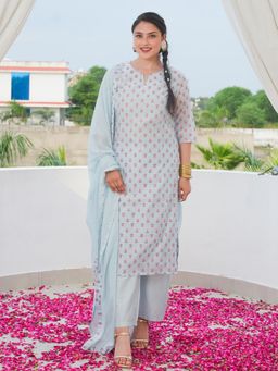 ARAMYA - Women Blue Chanderi Floral Printed Kurta With Pant and Dupatta