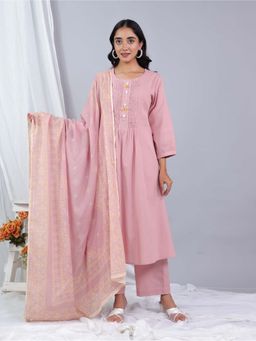ARAMYA - Women Pink Pure Cotton Solid A-Line Kurta With Pant and Dupatta