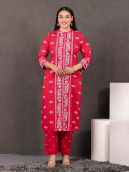 ARAMYA - Women Red Pure Cotton Geometric Printed Kurta With Pant