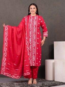 ARAMYA - Women Red Pure Cotton Geometric Printed Kurta With Pant and Dupatta